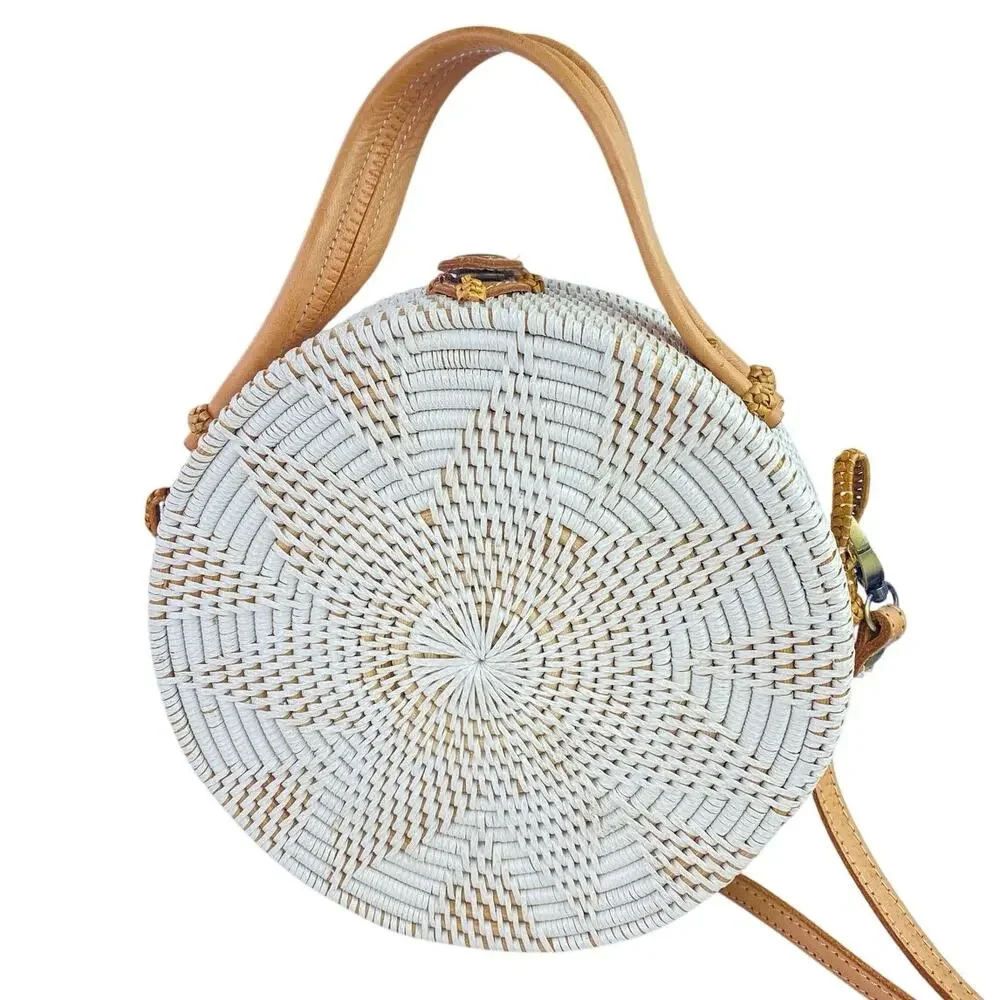 Street Level White Tan Round Crossbody Sling Strap Boho Bali Rattan Handbag OS